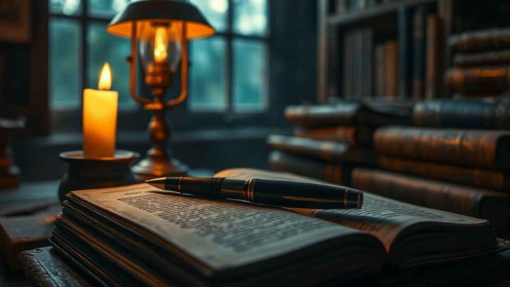 Mesa de trabajo con ensayos, notas y luz cálida