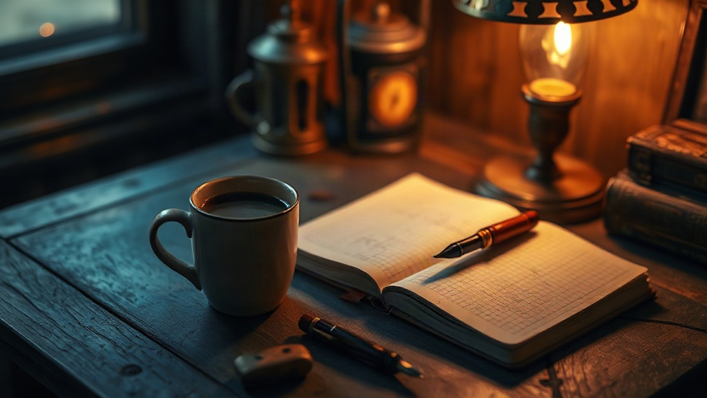 Mesa tranquila con luz cálida y una taza de café