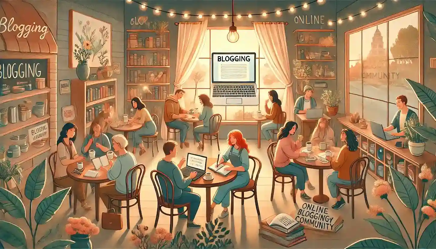 Cómo convertir un blog en una comunidad digital vibrante, simbolizado por un grupo de personas en una acogedora cafetería compartiendo ideas y escribiendo en sus cuadernos.