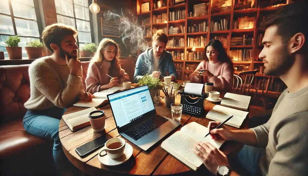 Cómo hacer que un blog sea una conversación activa y no un monólogo, representado por un grupo de blogueros en un café intercambiando ideas mientras escriben.