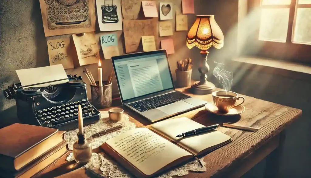 Cómo convertir un blog en un espacio acogedor para la comunidad, representado por un escritorio de blogger con un cuaderno abierto, una taza de café y notas inspiradoras.
