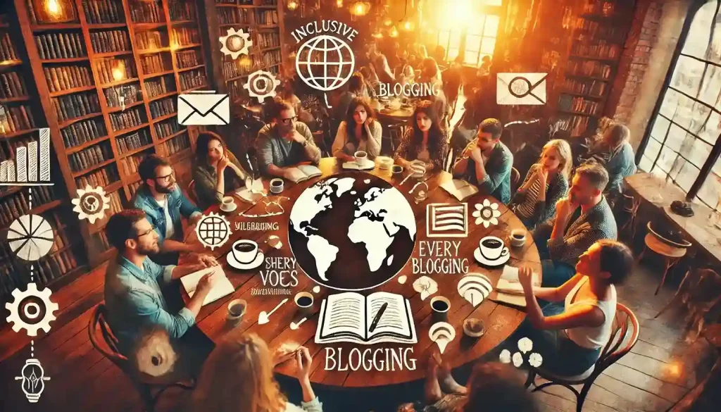Cómo convertir un blog en una comunidad donde cada voz cuenta, representado por una mesa redonda en una cafetería acogedora, con personas compartiendo ideas, escribiendo en cuadernos y disfrutando del ambiente colaborativo.