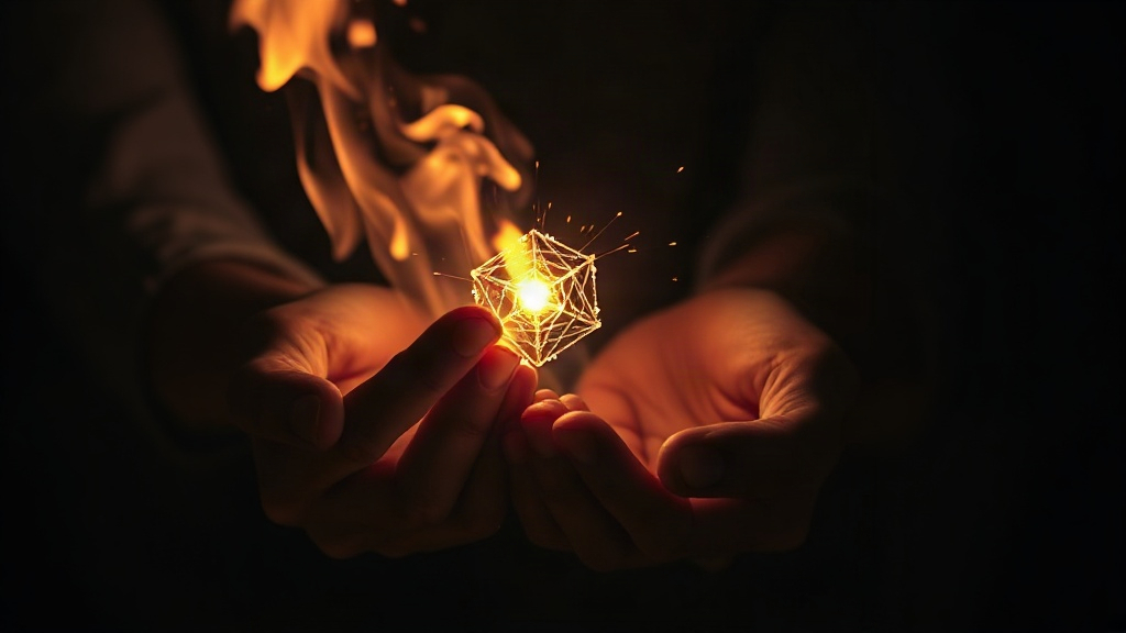 Fuego inteligente transformándose en luz computacional, con manos humanas sosteniendo una esfera etérea, representando la bienvenida oficial a los adictos a la inteligencia artificial en el Tercer Espacio.