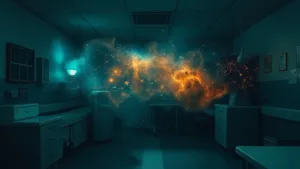 Hospital disolviéndose en fracturas cósmicas en una ilustración de horror cósmico