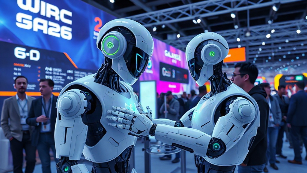Robot humanoide de Galaxea AI manipulando objetos en un stand de WRC 2026 con asistentes observando