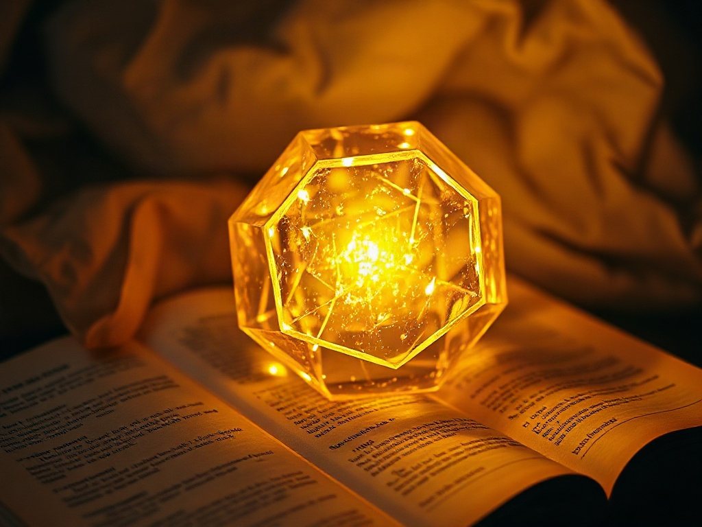 Piedra filosofal geométrica emitiendo luz sobre manuscritos atemporales