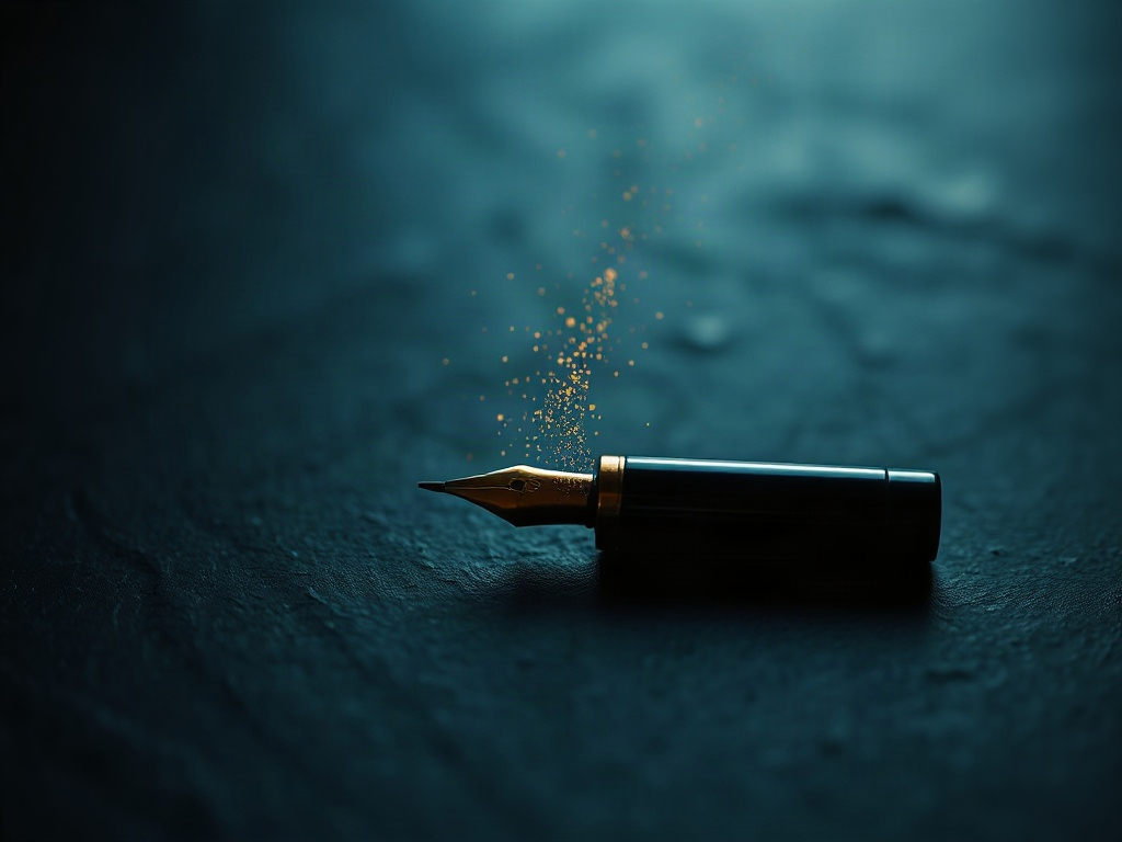Pluma estilográfica sobre pizarra oscura emitiendo partículas de oro hacia el infinito