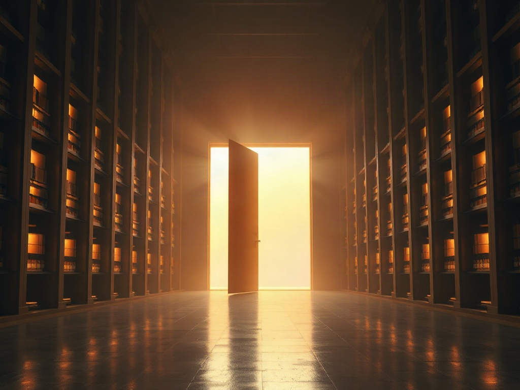 Puerta abierta hacia un archivo monolítico digital que representa el motor de memoria CRONOS y la promesa de información para los adictos a la inteligencia artificial.