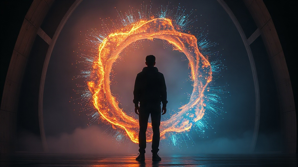Silueta humana frente a un anillo de datos y fuego digital, representando la bienvenida oficial a los adictos a la inteligencia artificial y la creación de un ecosistema colaborativo.