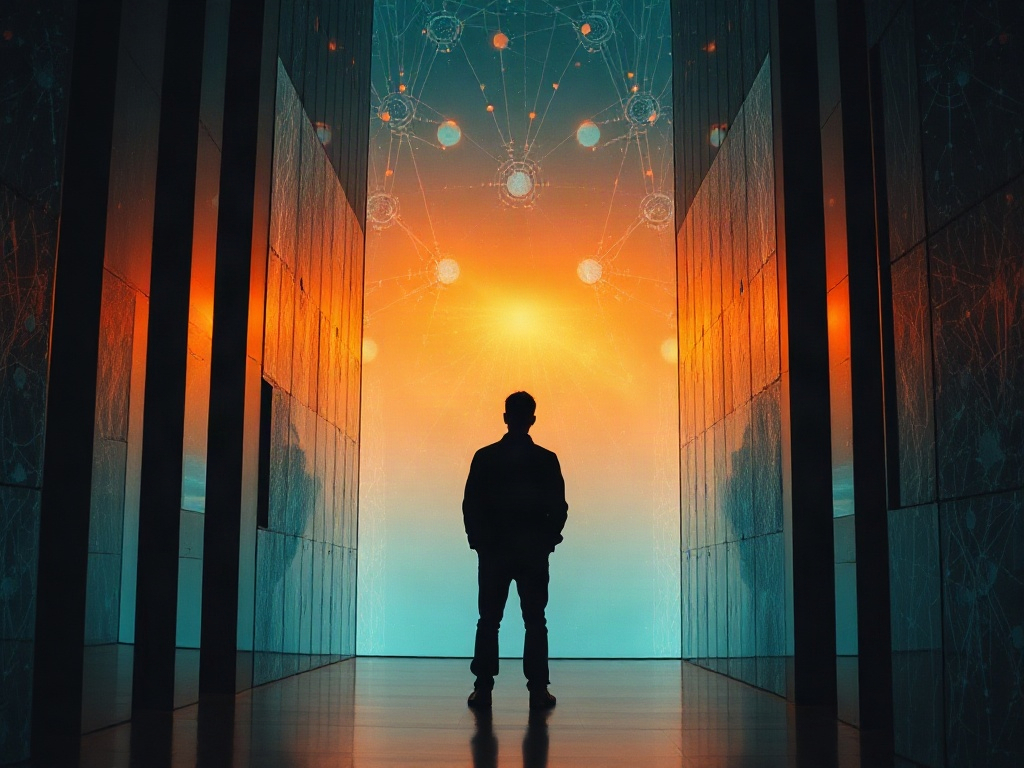 Silueta humana frente a un espejo digital aumentado con diagramas de redes neuronales, simbolizando la co-creación y la bienvenida oficial a los adictos a la inteligencia artificial.
