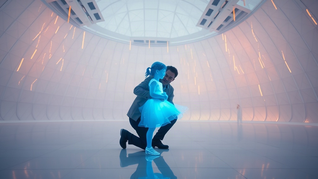 Un hombre de rodillas abraza a una niña hecha de luz azul holográfica que se deshace en partículas, dentro de un domo blanco.