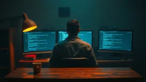 Escritorio de trabajo nocturno con tres monitores iluminando a un creador en pleno debate con modelos de inteligencia artificial
