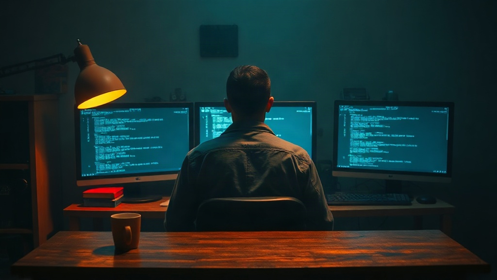 Escritorio de trabajo nocturno con tres monitores iluminando a un creador en pleno debate con modelos de inteligencia artificial