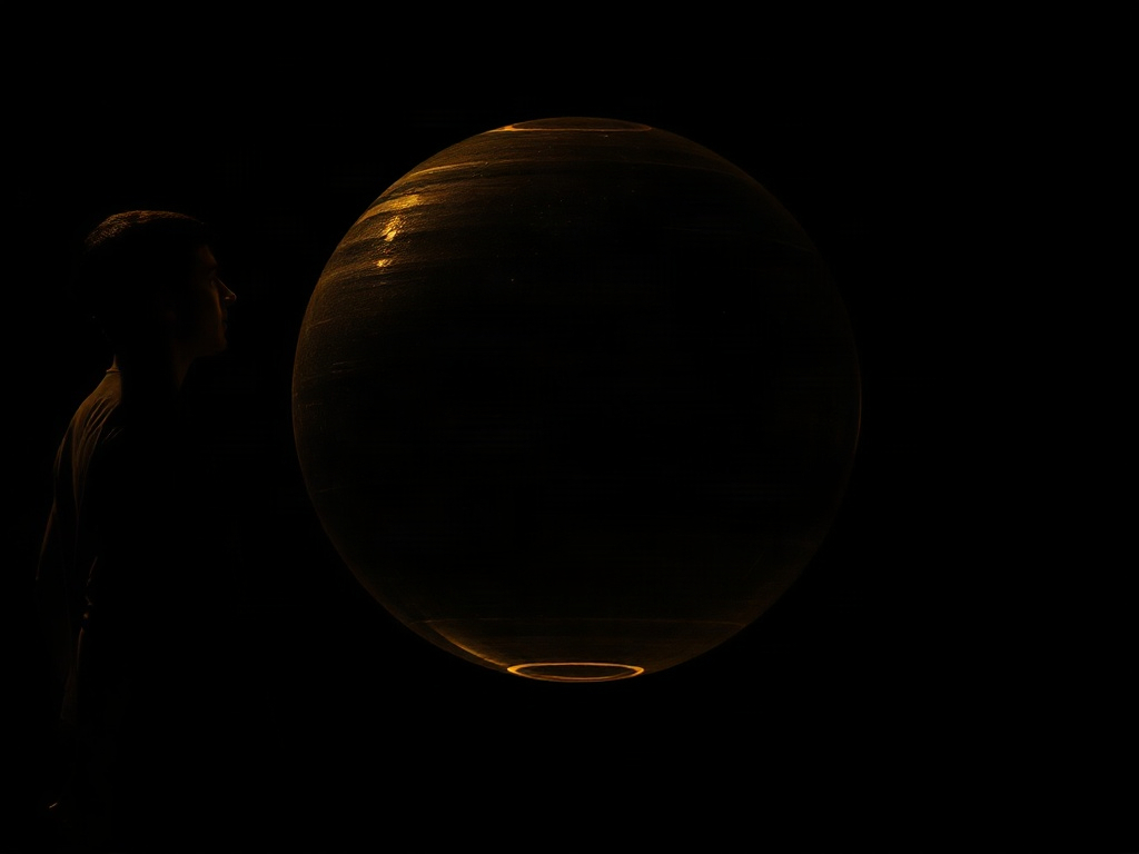 Una figura en una habitación oscura, congelada en medio de un movimiento, mirando una pantalla suspendida.