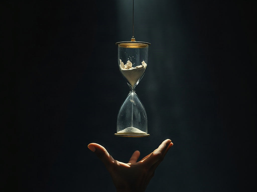 A lone bronze hand reaching out of the darkness toward a suspended light.