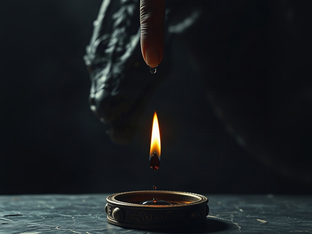 A lone obsidian finger poised above a ritual altar, the parchment contract pulsing like an open wound beneath it.