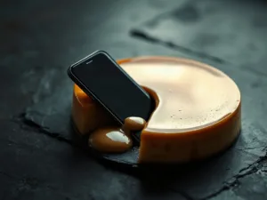 Flan de caramelo tembloroso sobre pizarra oscura, con un smartphone hundido en su centro