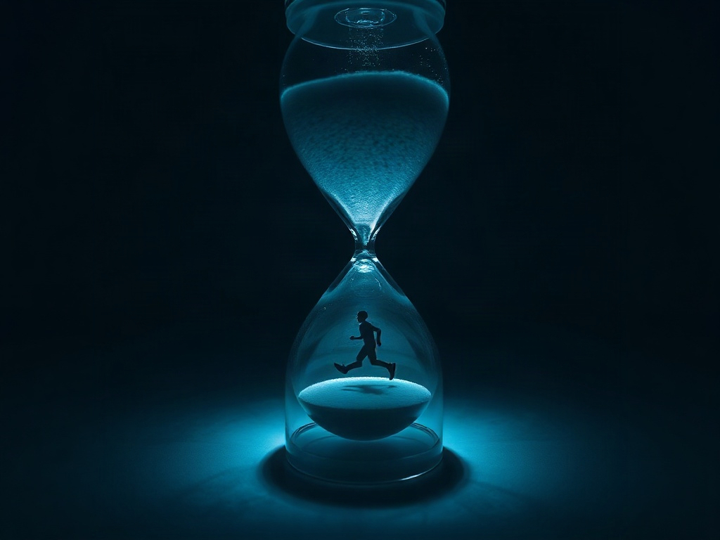 Reloj de arena de cristal en contraluz azul, con una silueta corriendo dentro de su cámara inferior