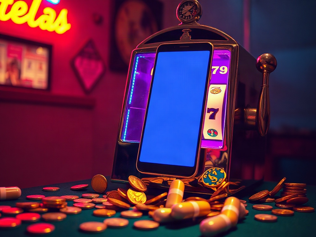 Máquina tragaperras con la pantalla de un smartphone por cara, monedas y cápsulas derramadas sobre fieltro verde
