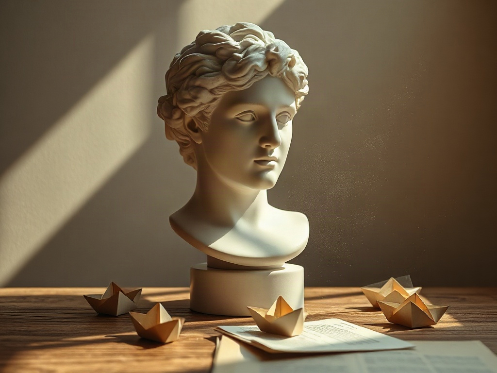 Busto de mármol blanco al que un haz de luz atraviesa, con barcos de papel doblados de páginas manuscritas sobre el escritorio