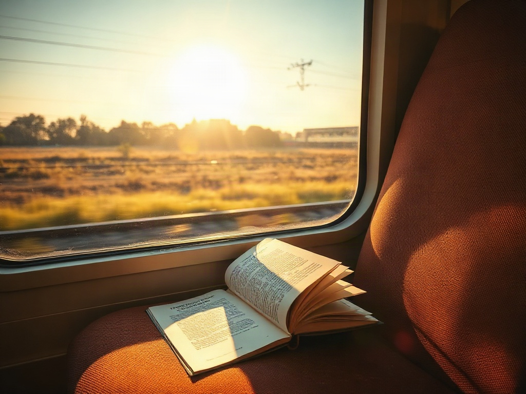 Libro abierto sobre el asiento de un tren a contraluz de atardecer, con el paisaje corriendo difuminado tras la ventanilla