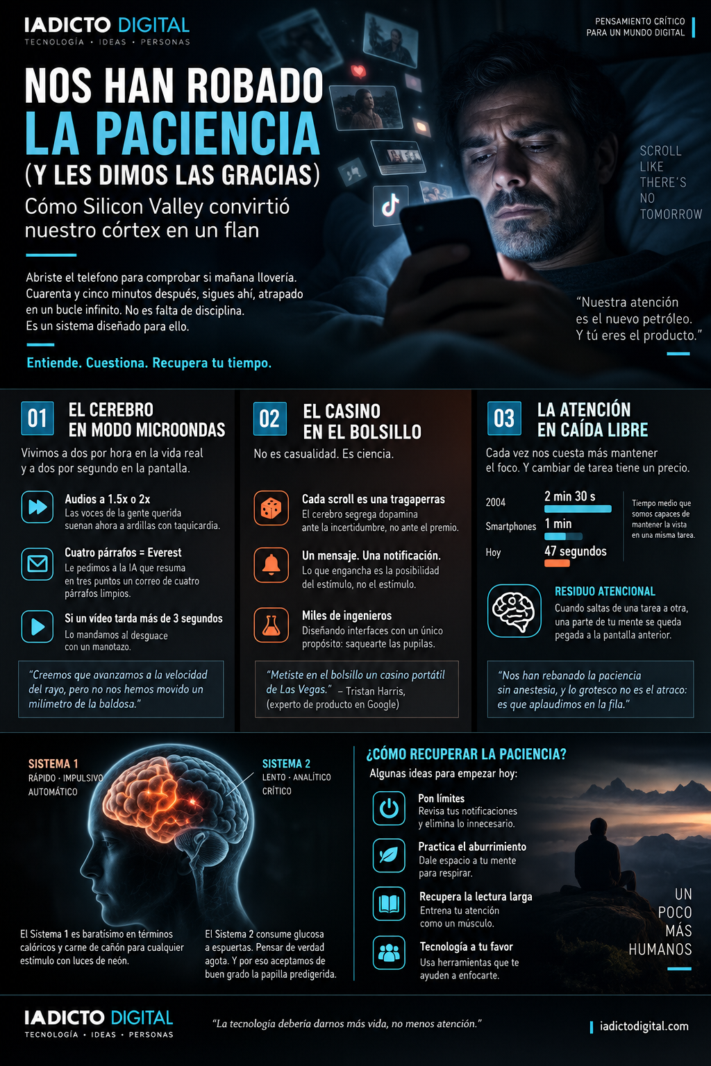Infografía de IAdicto Digital: los asaltos a tu atención, el Sistema 1 frente al Sistema 2 y las claves para recuperar la paciencia
